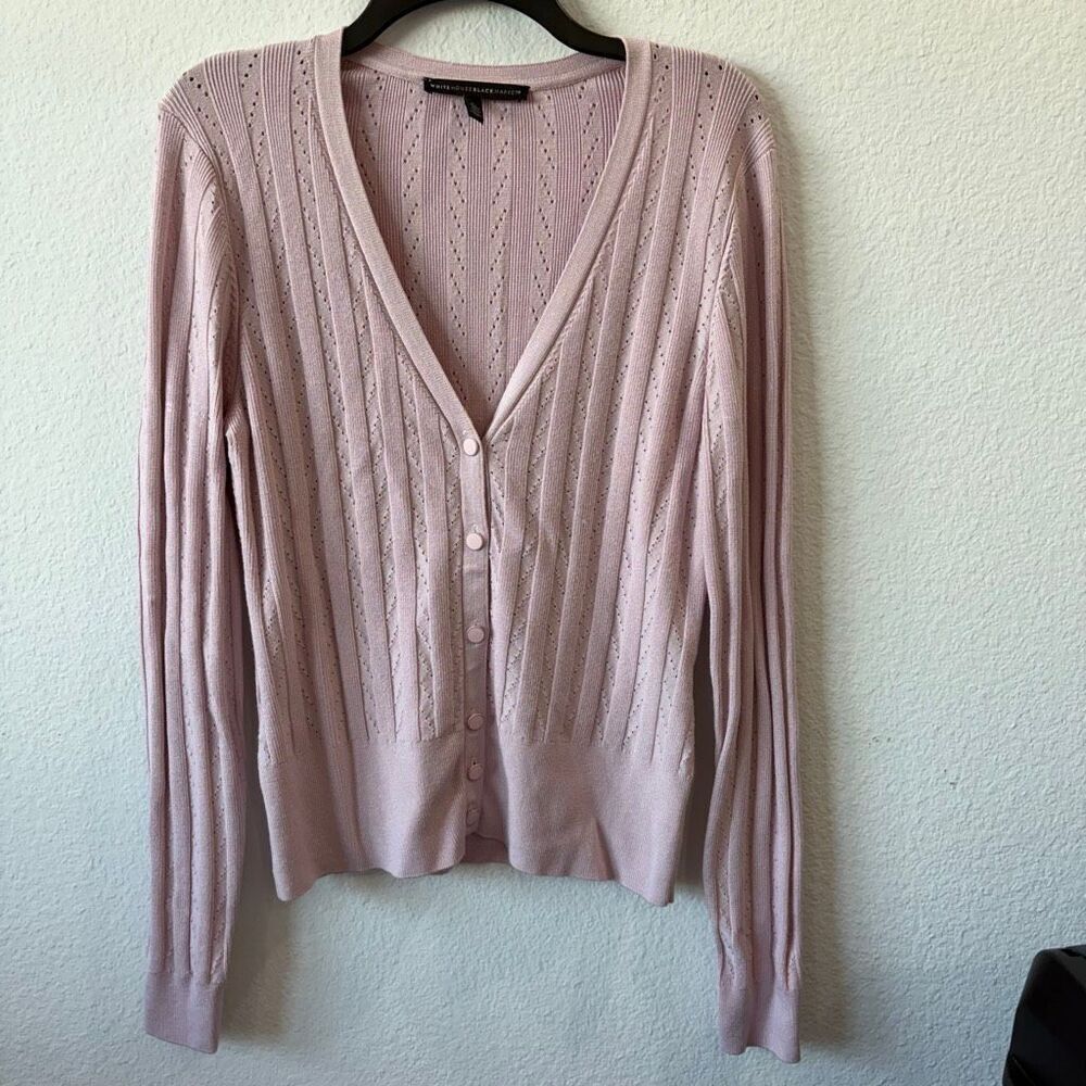 White House Black Market Blush Pink Eyelet Ribbed V-Neck Cardigan
